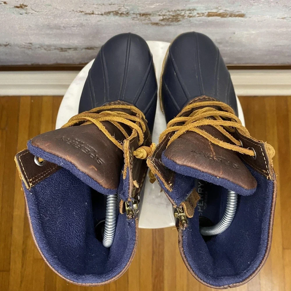 Sperry Boots Womens Size 8 Blue Brown Leather Duck Rain Ankle Zip STS91175